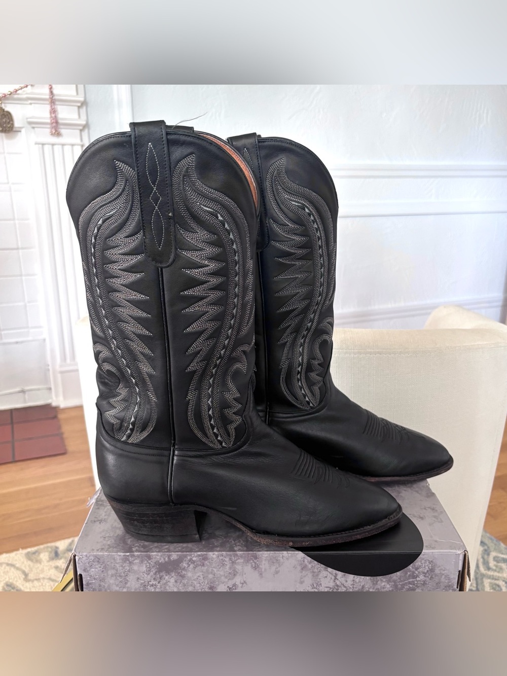 Vintage Larry Mahan Deer Leather Cowboy Boots 8.5 EE Mens Black 4410 Made In USA
